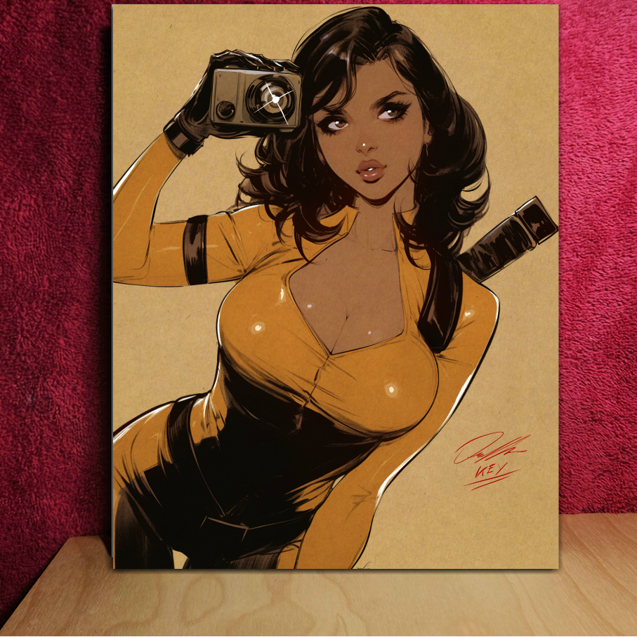 Illustration of a woman taking a selfie on a beige background with a red textured wall.