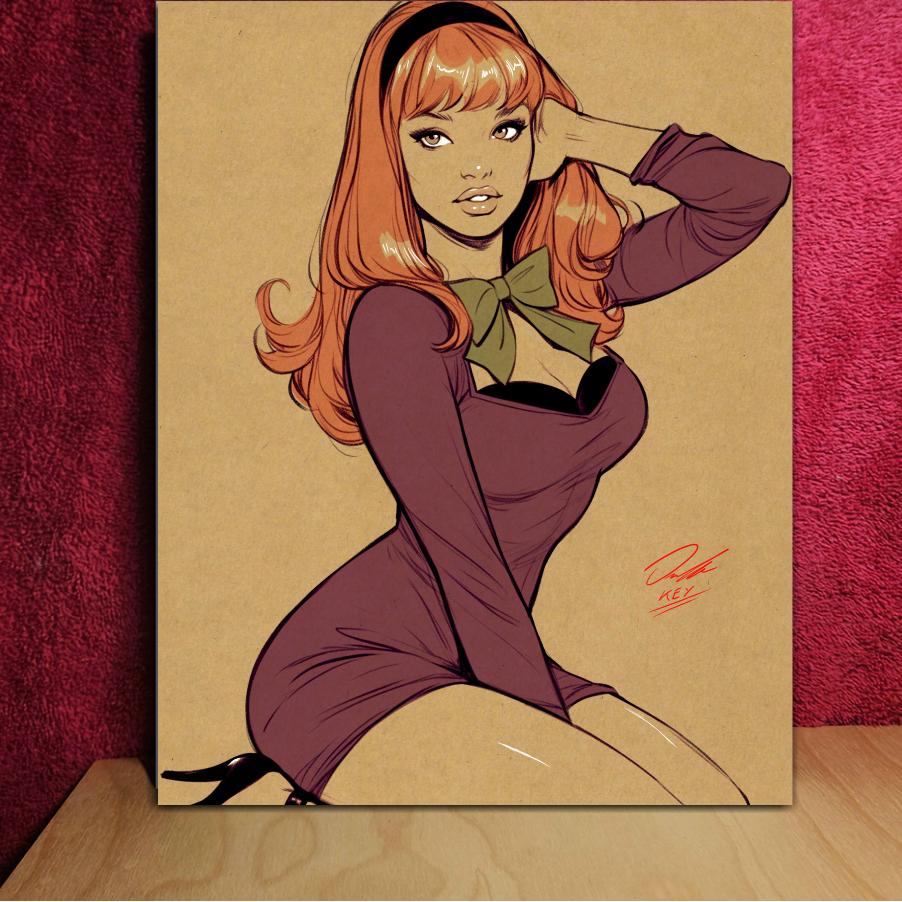 Cartoon-style illustration of a woman with red hair and a purple dress on a textured brown background.
