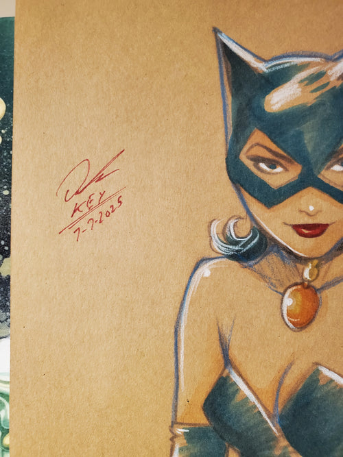 Arte Original de Cómic de Catwoman en Técnica Mixta | Raro 1 de 1 | COA Incluido | 8.5x11 en Cartulina Premium de Archivo
