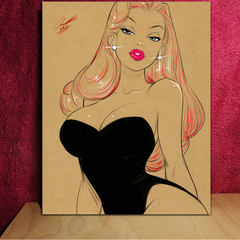 Illustration of a woman with long hair and a black top on a brown background