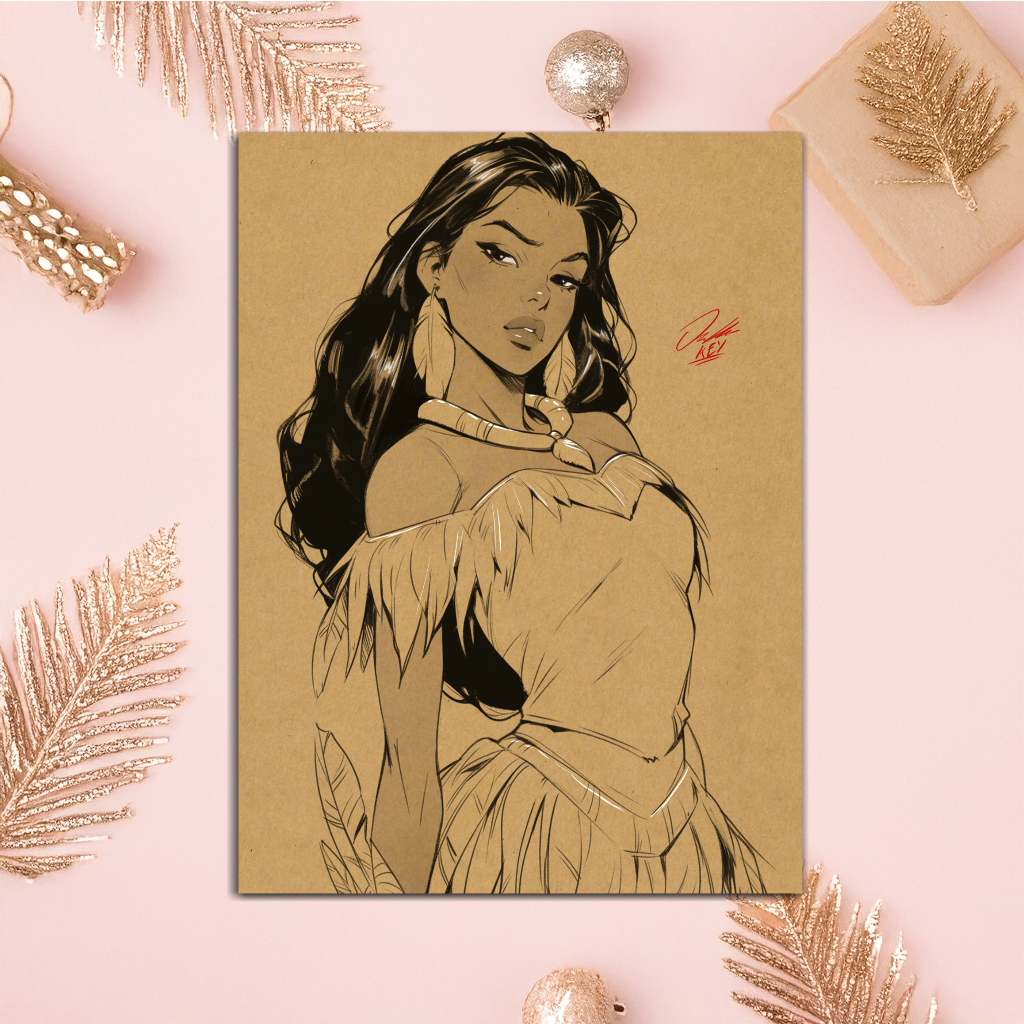 Pocahontas Cartoon Art Illustration Hard Signed 8.5x11in Digital Art PRINT