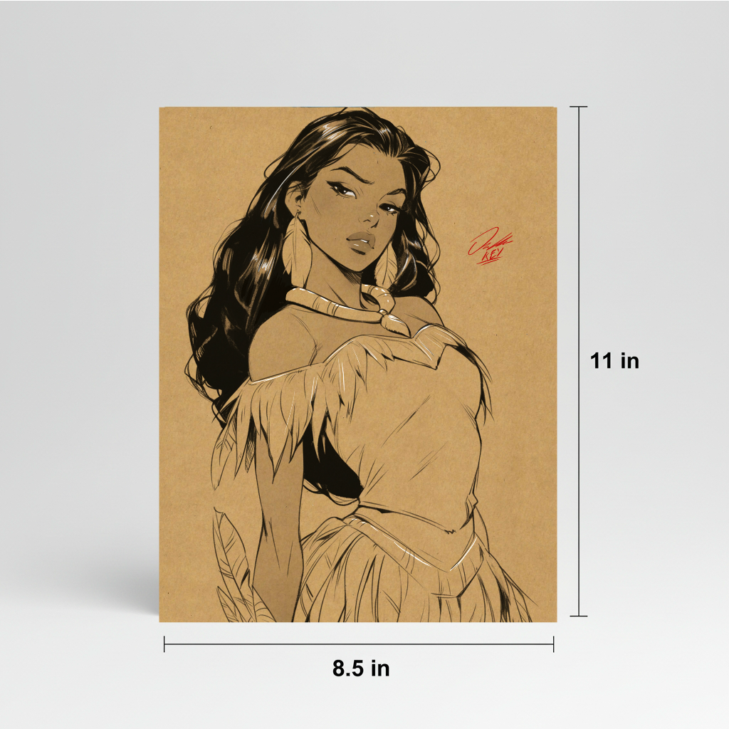 Pocahontas Cartoon Art Illustration Hard Signed 8.5x11in Digital Art PRINT