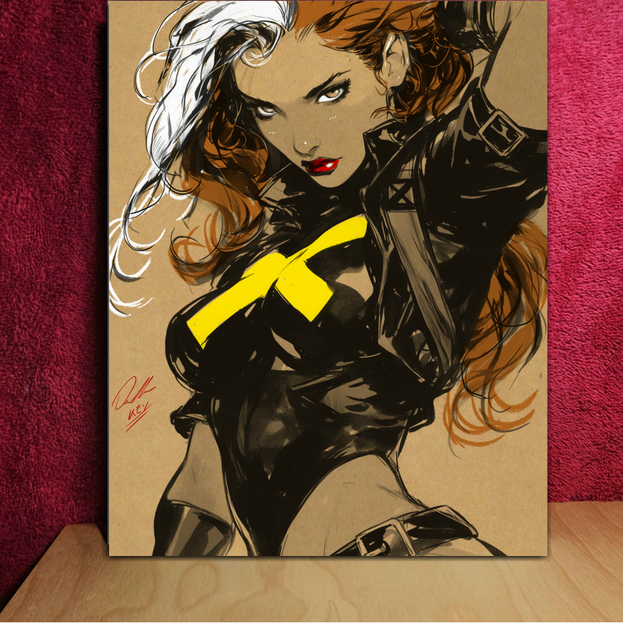 Canvas print of a character in a black outfit with a yellow 'X' on a textured red background.