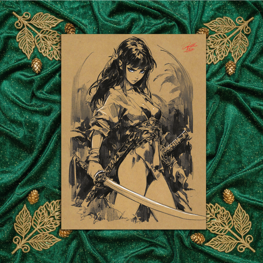 Samurai Sword Lady OC Comic Art Illustration Hard Signed 8.5x11in Digital Art PRINT