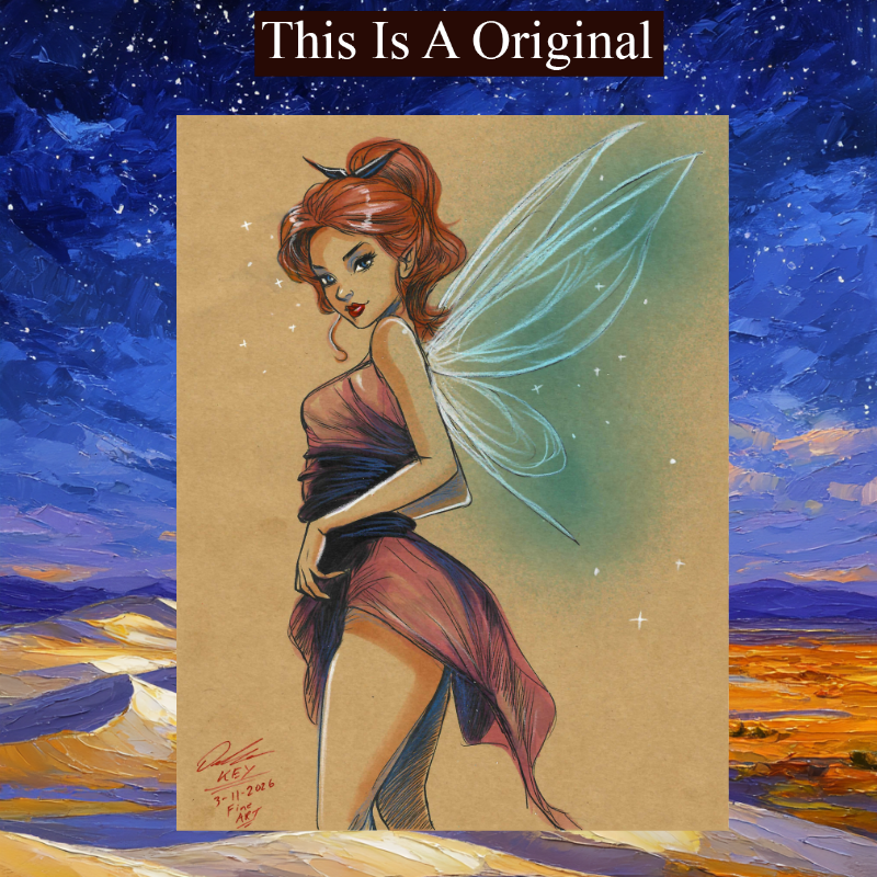 Arte de cómic original de fantasía feérica (personaje original) Técnica mixta | Obra única 1 de 1 | COA incluido | 8.5x11 en cartulina de archivo de primera calidad