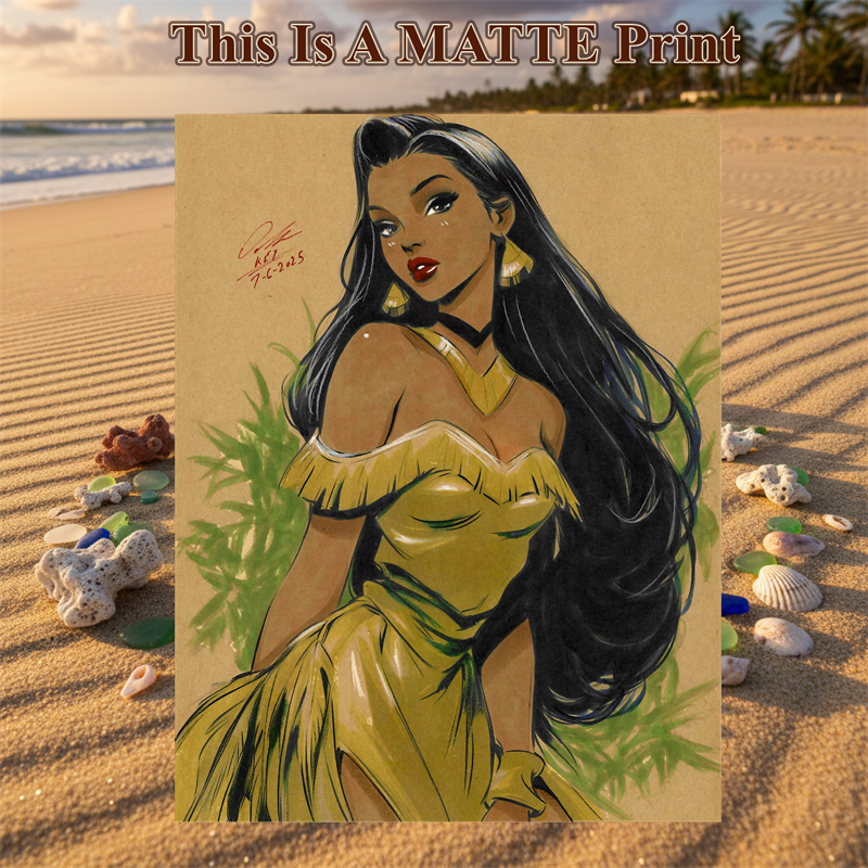 Ilustración artística de Pocahontas firmada a mano 8.5x11in IMPRESIÓN artística